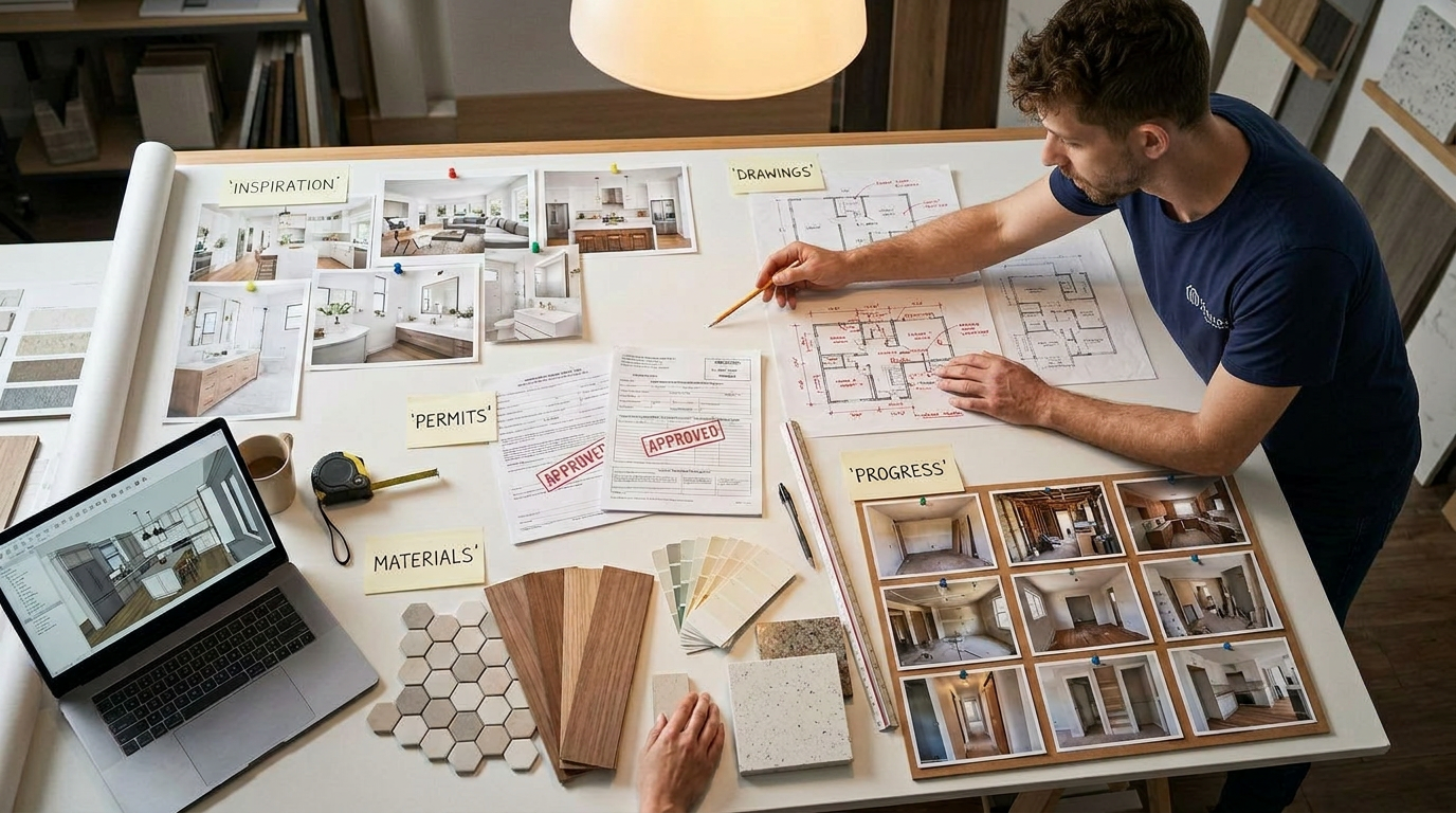 Contractor guiding homeowners through the home remodeling process from planning to construction.