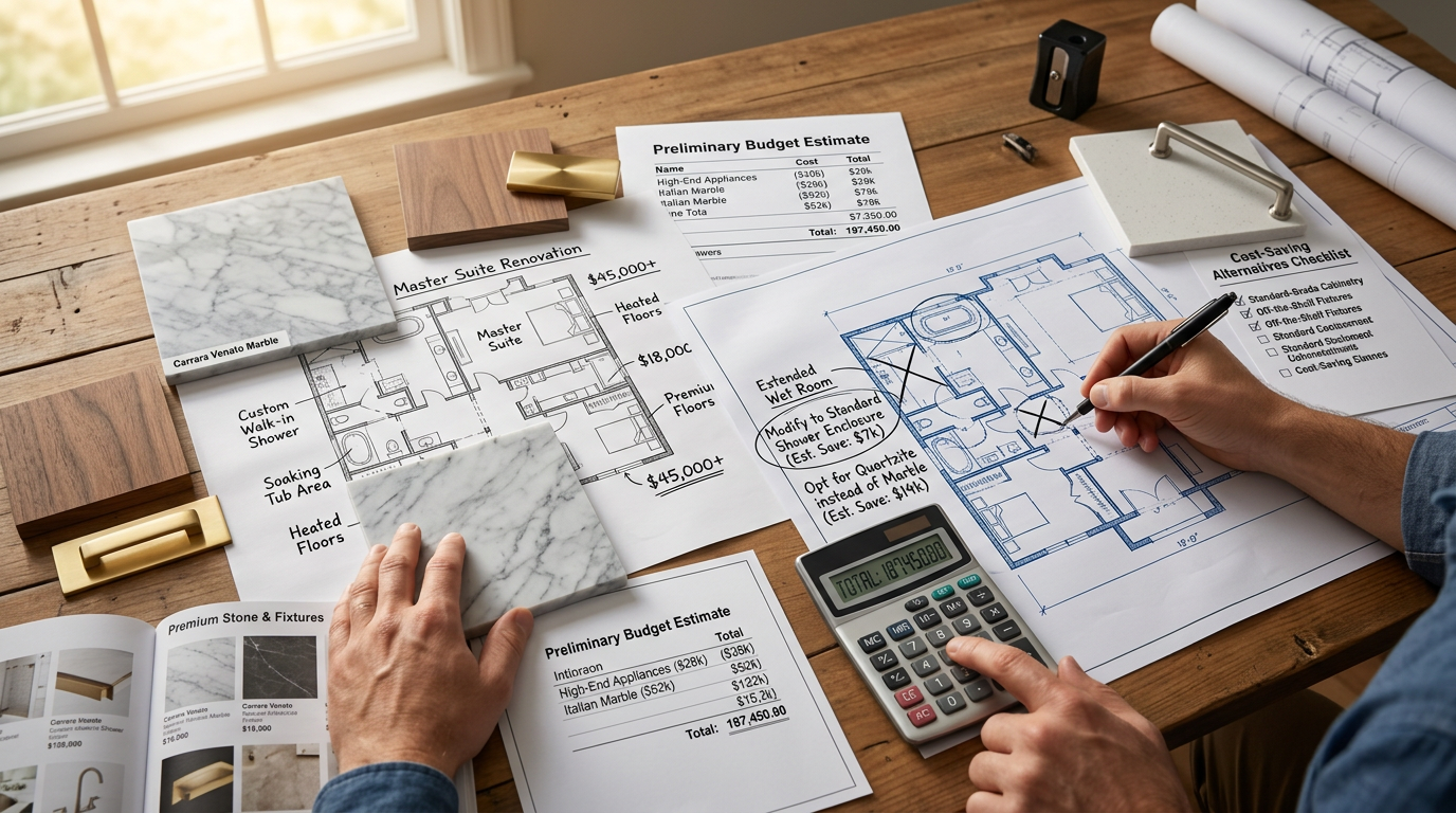 Homeowner reviewing renovation plans and budget estimates before construction begins.